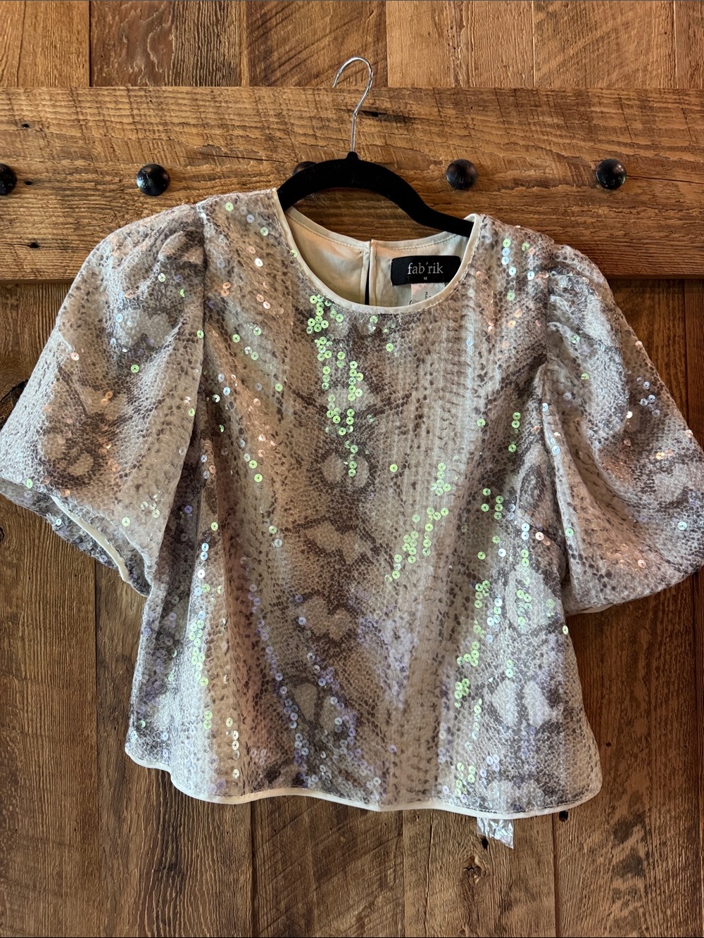 fab'rik Silver Sequin Snake-Print Puff Sleeve Top